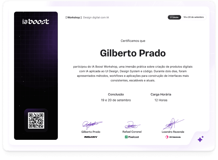 Certificado de participação do workshop Design Boost