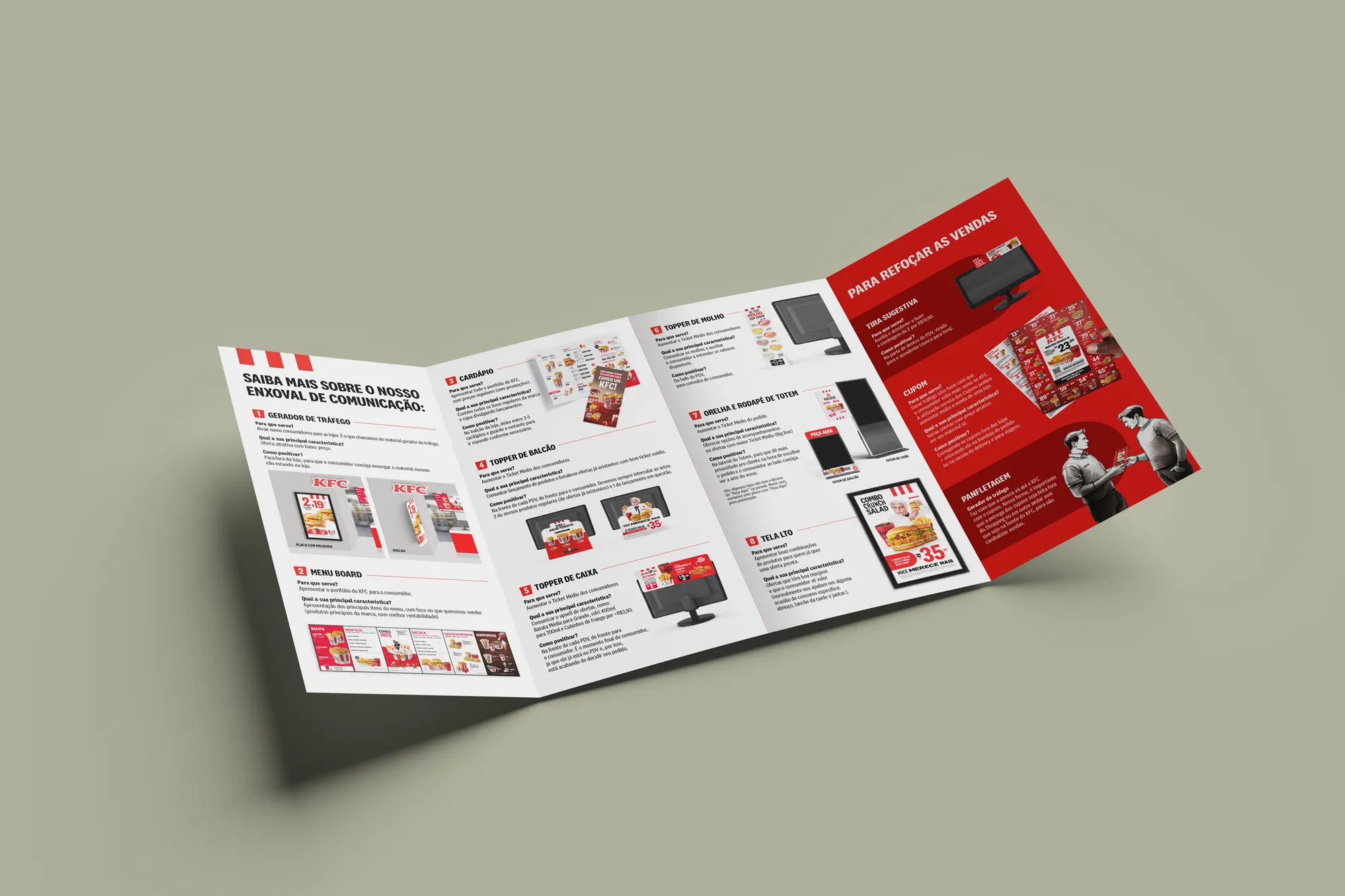 Miolo aberto do folder, com blocos curtos e QR codes