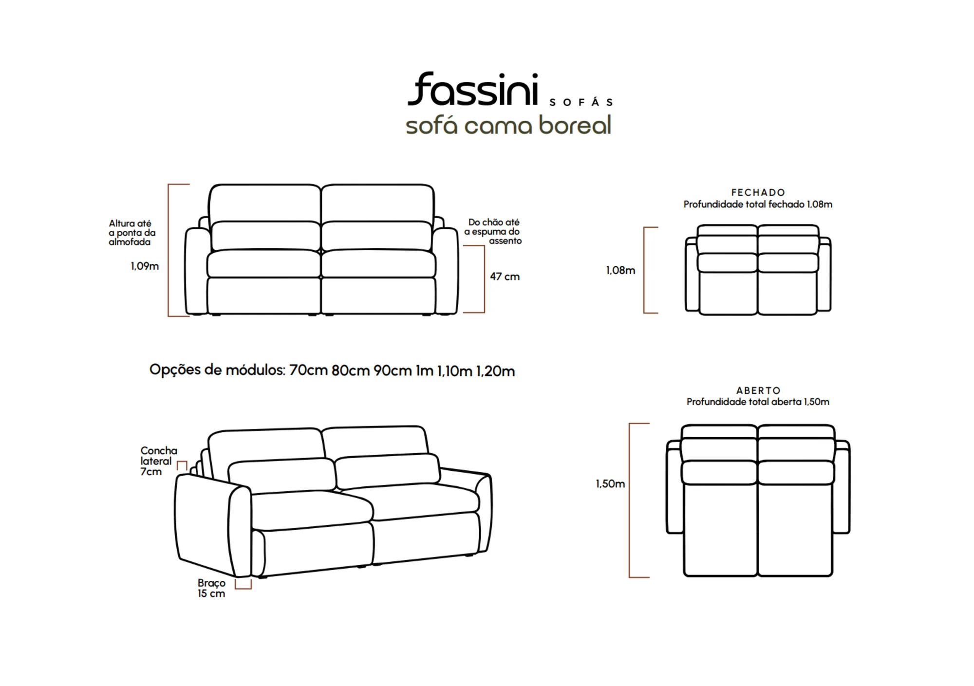Desenho técnico do Sofá-cama Boreal: vistas de frente e de cima, com as medidas de altura, do chão ao assento, de profundidade fechado e aberto, e as opções de módulo.