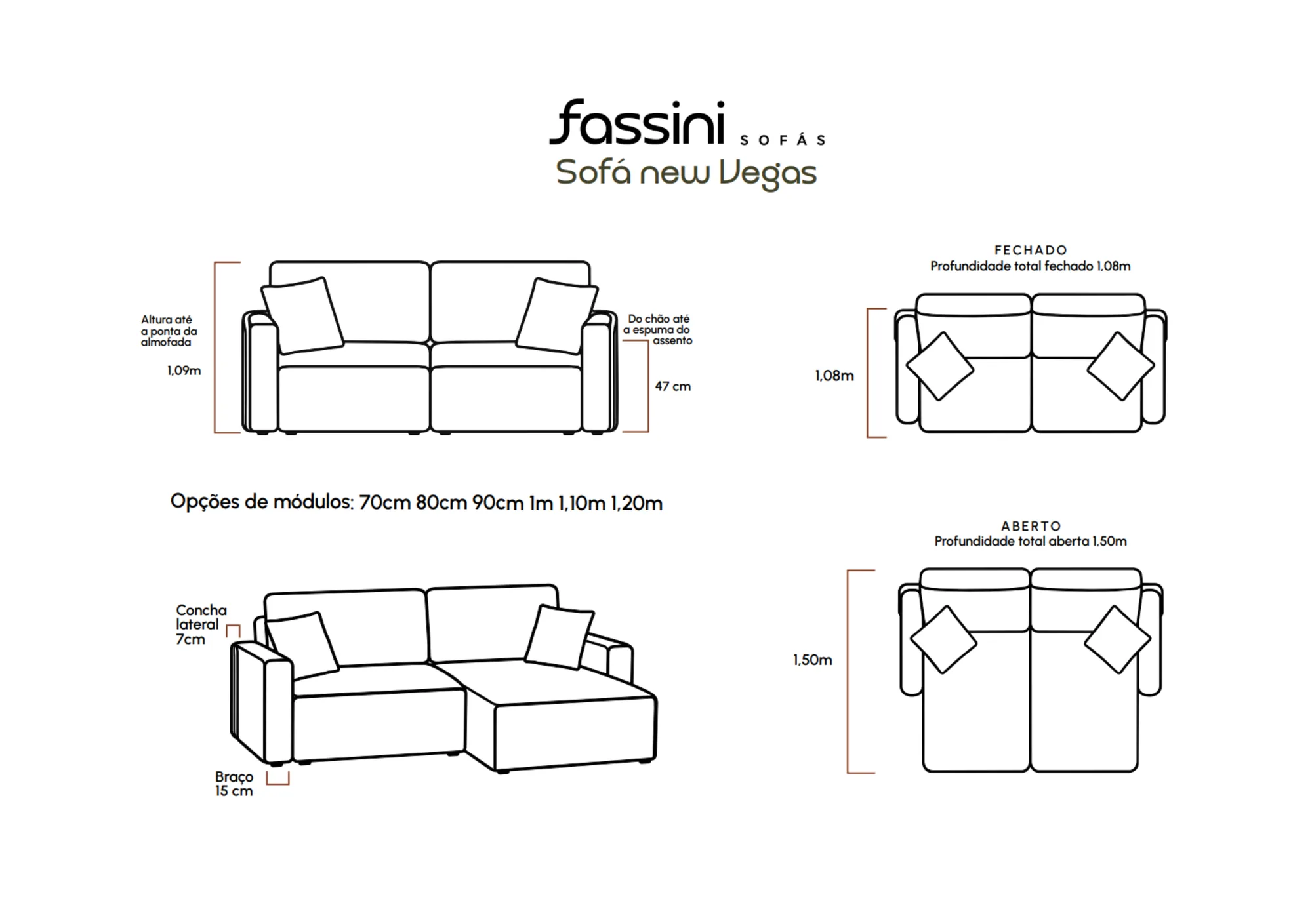 Desenho técnico do Sofá-cama New Vegas: vistas de frente e de cima, com as medidas de altura, do chão ao assento, de profundidade fechado e aberto, e as opções de módulo.