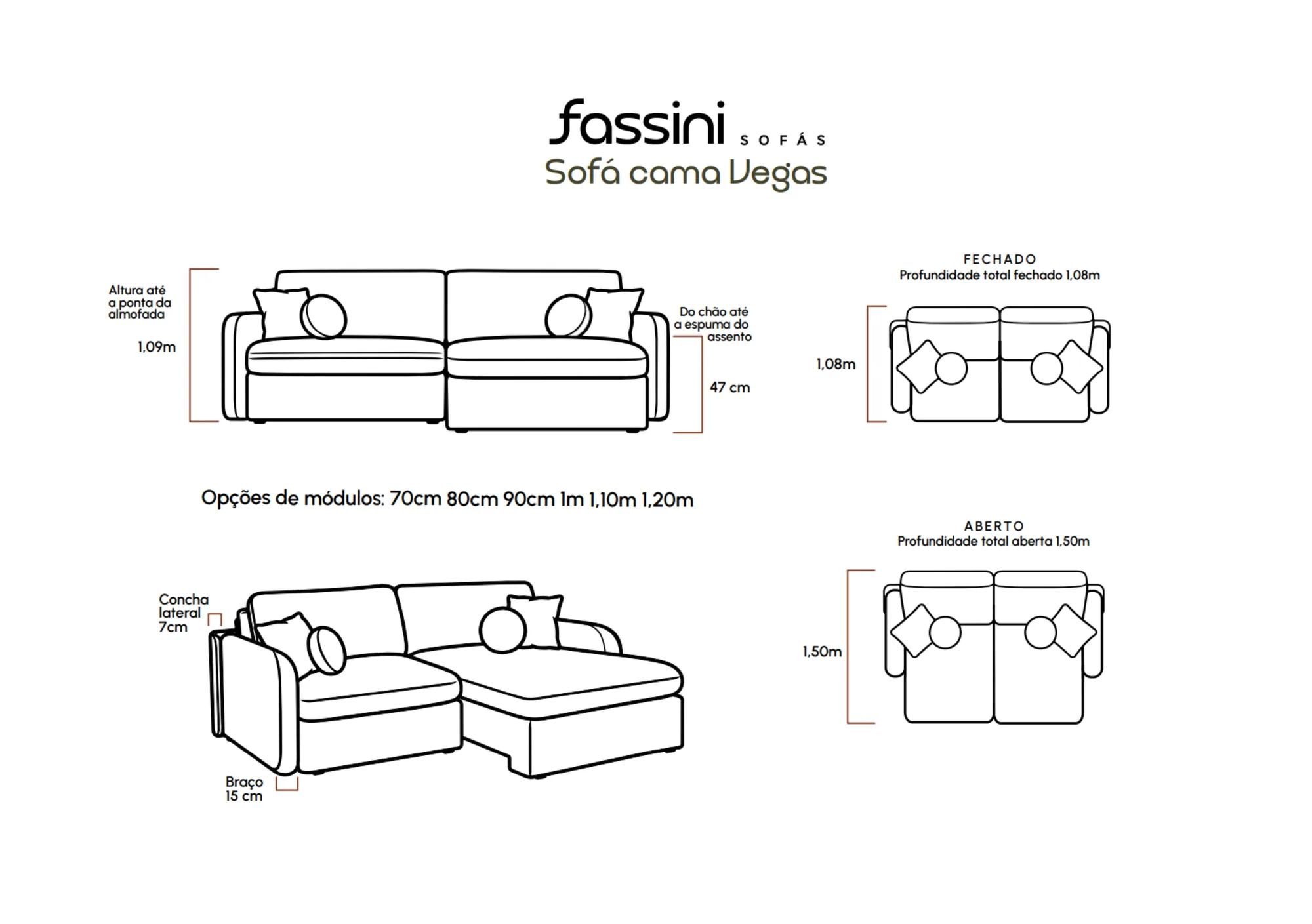 Desenho técnico do Sofá-cama Vegas: vistas de frente e de cima, com as medidas de altura, do chão ao assento, de profundidade fechado e aberto, e as opções de módulo.